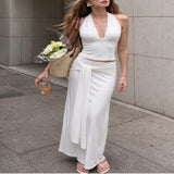 Full Size Halter Neck Crop Top and Maxi Skirt Set Plus Size - White