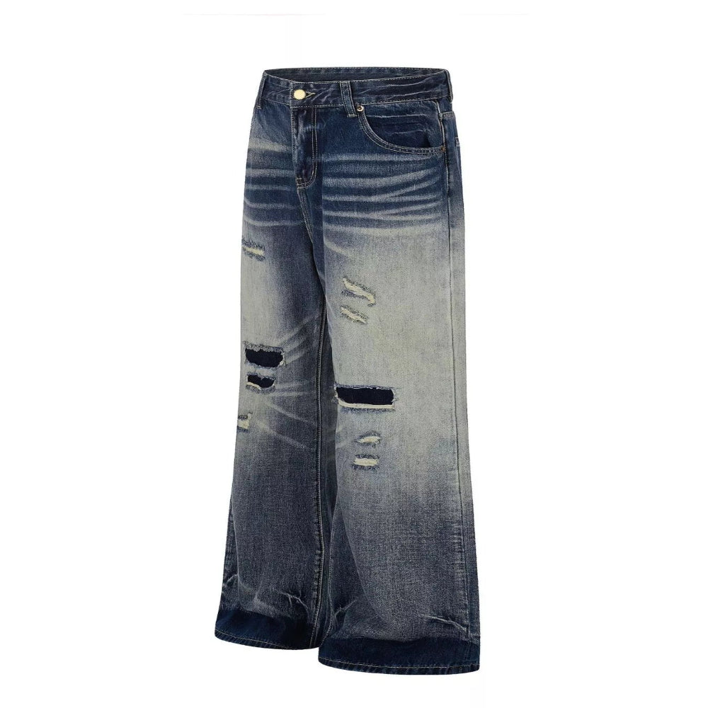 Men's Full Size Distressed Wide-Leg Bootcut Jeans Plus Size - Blue