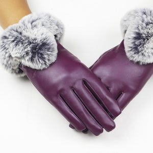 Women's touchscreen leather winter gloves with soft faux fur cuffs for stylish cold-weather protection.