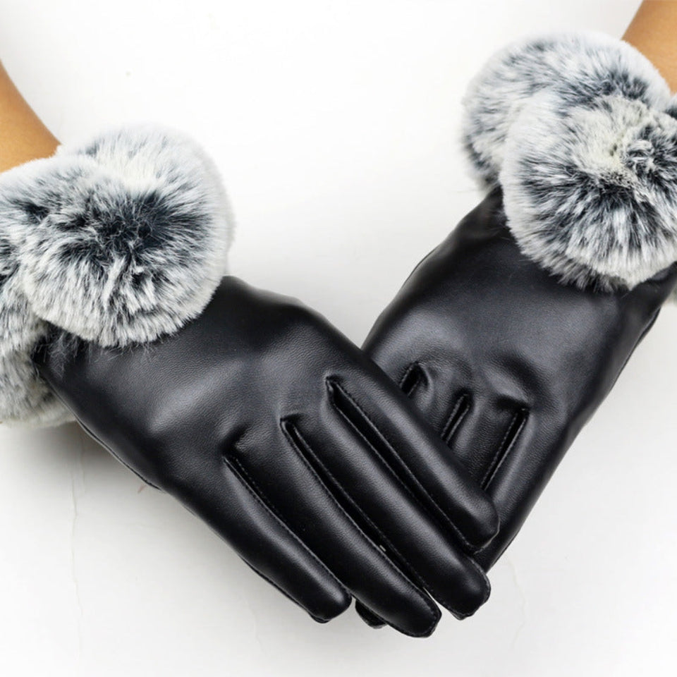 Women's touchscreen leather winter gloves with soft faux fur cuffs for stylish cold-weather protection.