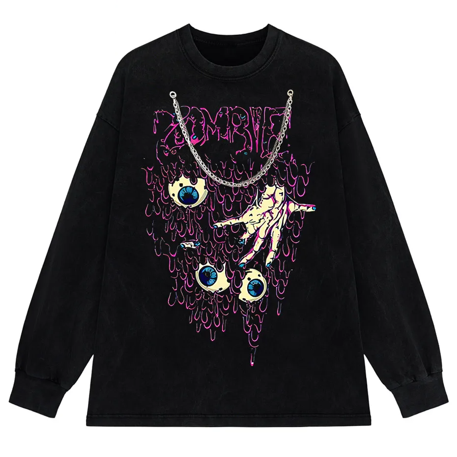 Zombie Horror Gothic Washed Cotton Oversized T-Shirt - long  black