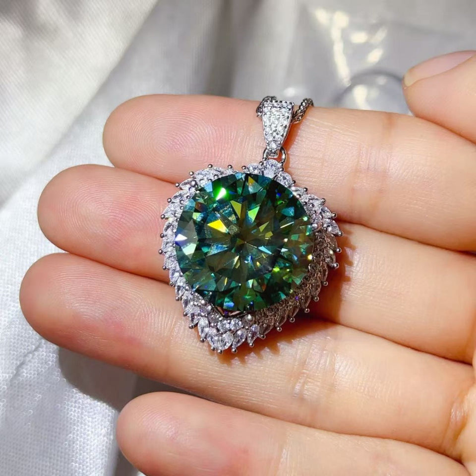 20 carat moissanite pendant necklace crafted in 925 sterling silver with a brilliant sparkling gemstone.