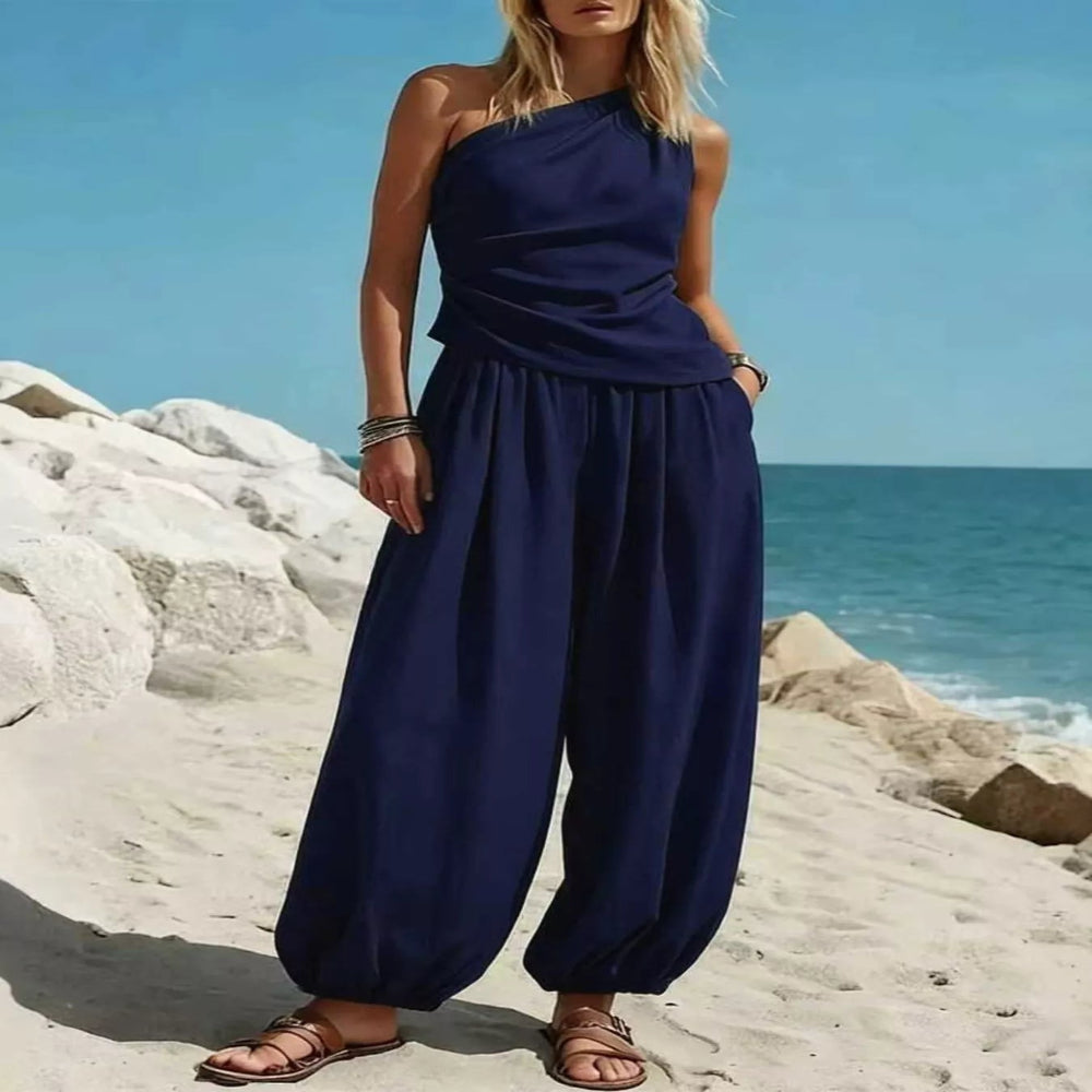 Full Size One-Shoulder Top and Wide-Leg Pants Set Plus Size - Light Blue