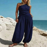 Full Size One-Shoulder Top and Wide-Leg Pants Set Plus Size - Light Blue