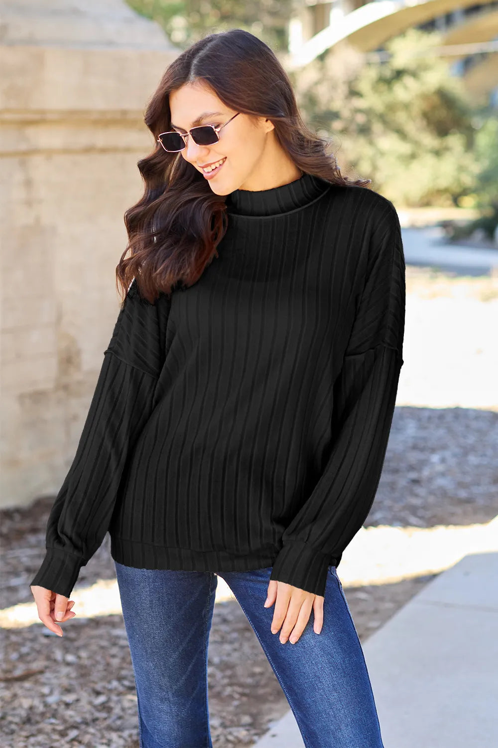 Basic Bae Full Size Ribbed Exposed Seam Mock Neck Knit Top - Hot Pink