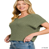 Zenana Textured Knit V-Neck Cropped Sweater - LT OLIVE