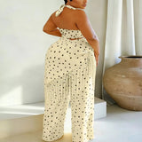 Polka Dot Halter Neck Cami and Fringe Trim Pants Set - Cream
