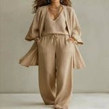 V-Neck Top & Cardigan & Pants Three-Piece Set - Black