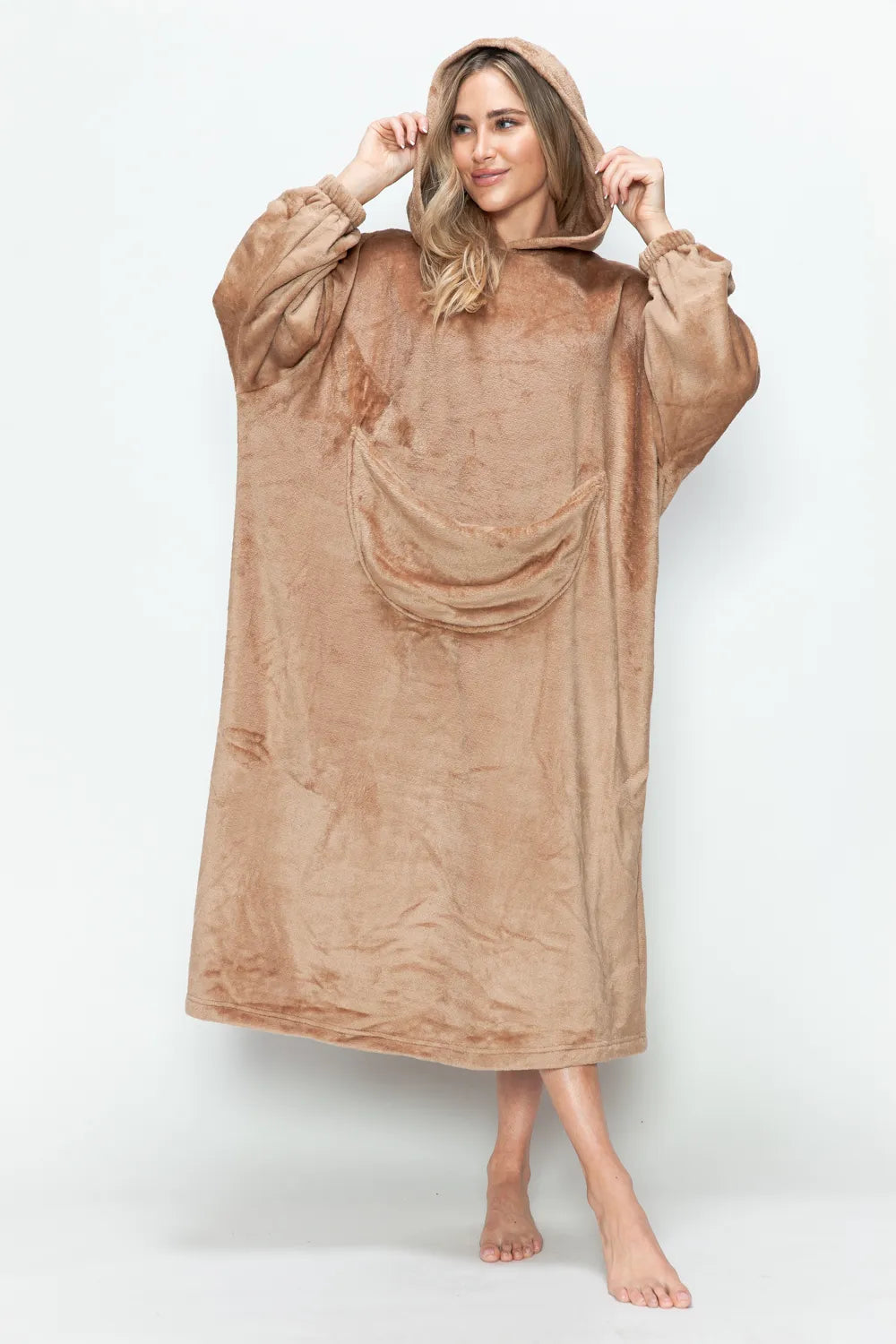 Double Take Full Size Pocketed Hooded Midi Lounge Dress - Pastel  Blue