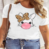 Leopard Bow Rabbit Graphic Round Neck Short Sleeve T Shirt - White