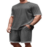 Men's Full Size Striped Short Sleeve Tee and Shorts Set Plus Size - Red