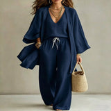 V-Neck Top & Cardigan & Pants Three-Piece Set - Black