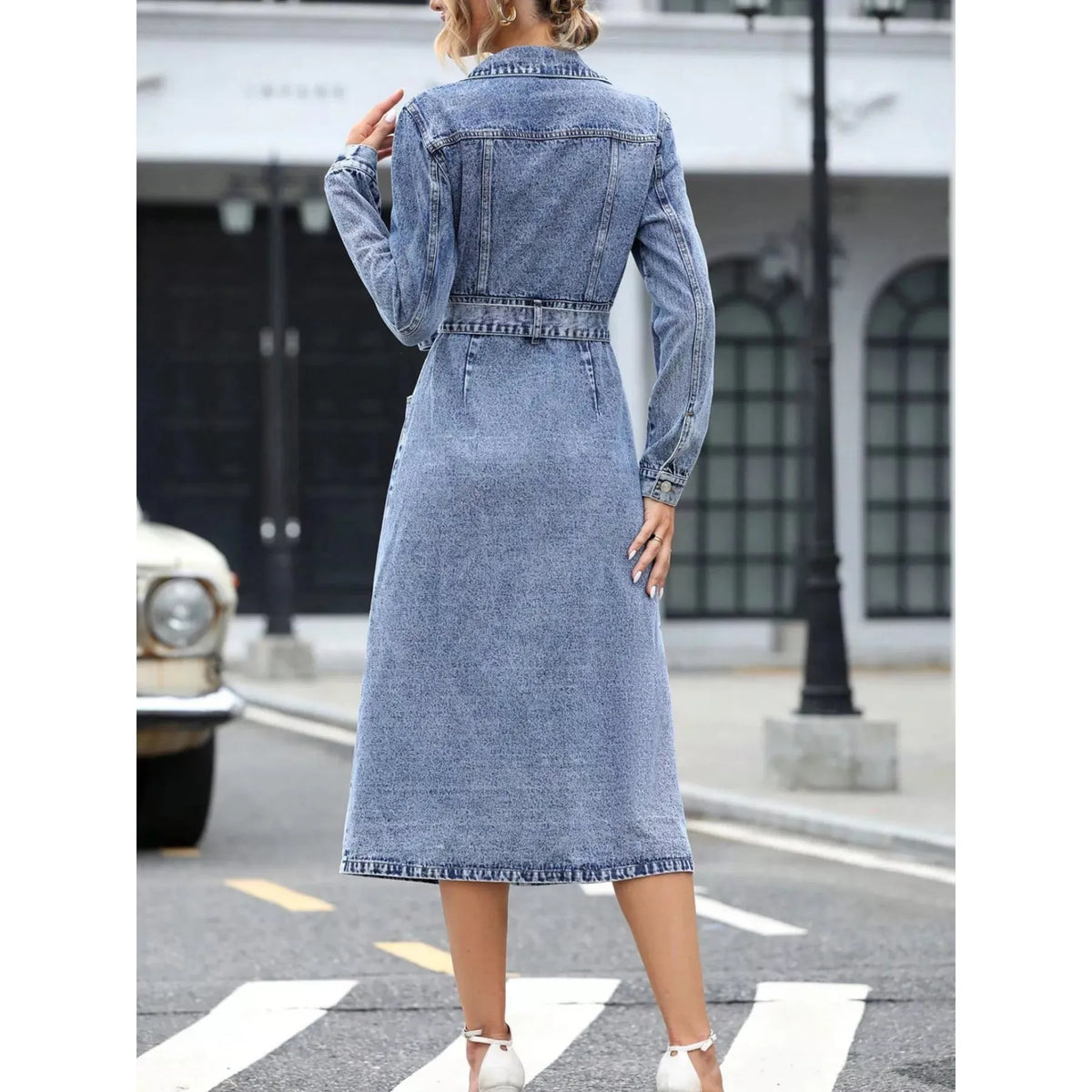 Belted Long Sleeve Denim Dress