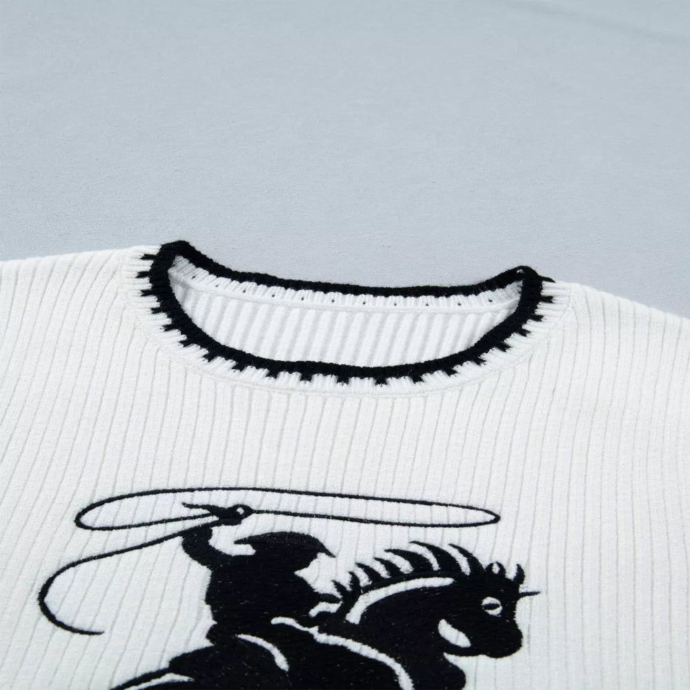 Contrast Trim Round Neck Rodeo Cowboy Sweater Vest