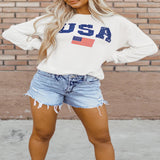 US Flag Corded Long Sleeve Sweatshirt - White