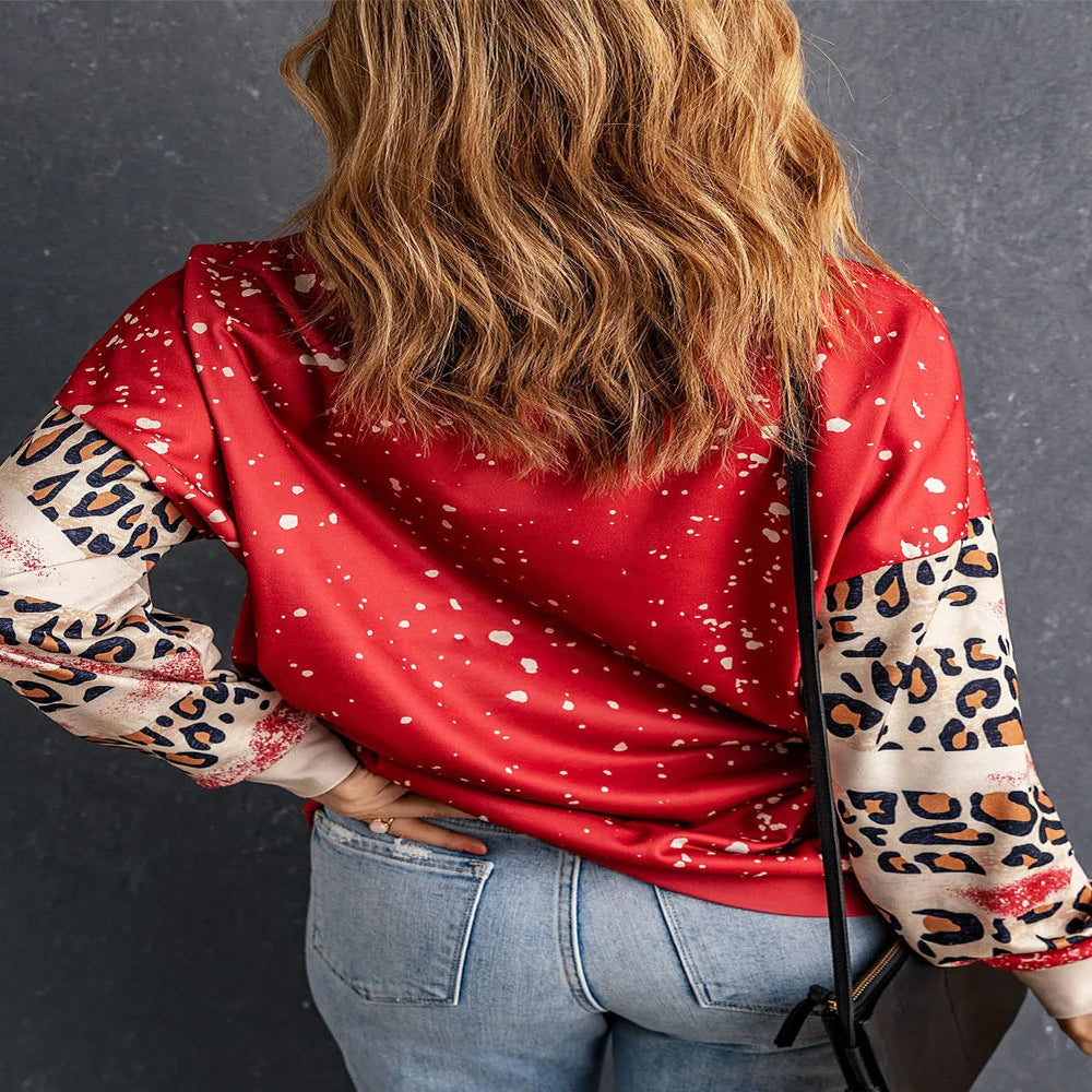 Leopard Bow Rabbit Graphic Round Neck T-Shirt - Deep Red