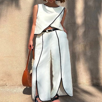 Contrast Trim Sleeveless Top and Wide-Leg Pants Set - White