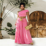 One-Shoulder Top and Ruched Maxi Skirt Set - Black