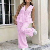 V-Neck Sleeveless Peplum Top and Wide-Leg Pants Set - Pink