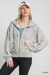 Umgee Two-Way Jacquard Zip-Up Jacket - H. GREY