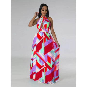 Halter Neck Geometric Print Pleated Maxi Dress - Black