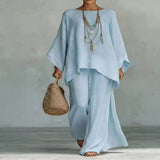Solid Color Long Sleeve Top and Wide Leg Pants Set - White