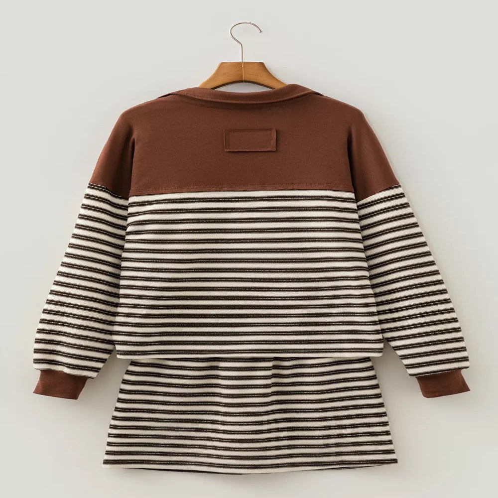 Stripe Contrast Trim Button Neck Long Sleeve Top Drawstring Mini Skirt Set - Coffee Brown