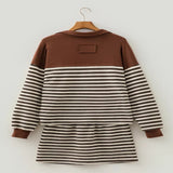 Stripe Contrast Trim Button Neck Long Sleeve Top Drawstring Mini Skirt Set - Coffee Brown