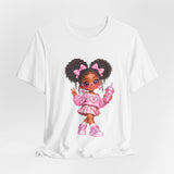 Cute Girl Graphic Tee — Pink Cartoon Doll Illustration T-Shirt