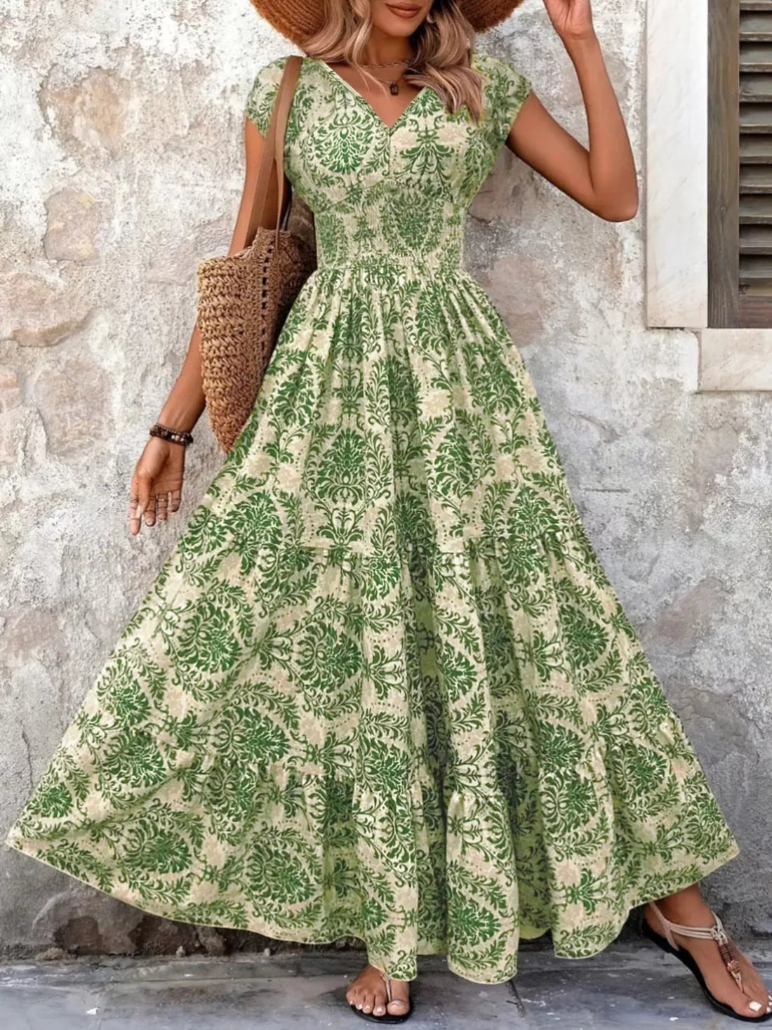 Full Size Printed V-Neck Tiered Maxi Dress Plus Size - Green