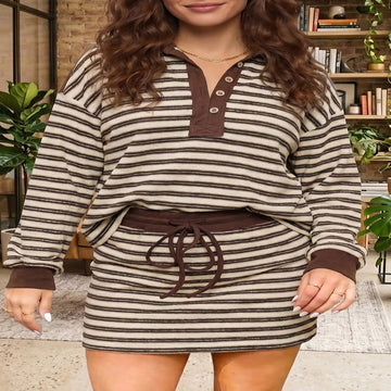 Stripe Contrast Trim Button Neck Long Sleeve Top Drawstring Mini Skirt Set - Coffee Brown