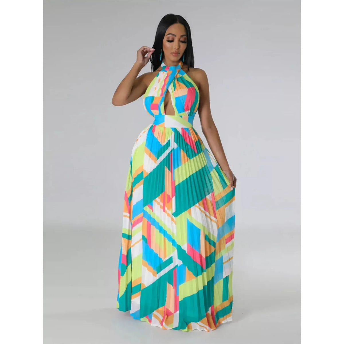 Halter Neck Geometric Print Pleated Maxi Dress - Green