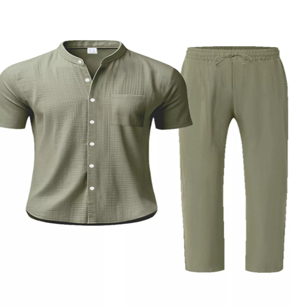 Men's Full Size Casual Button Up Short Sleeve Shirt and Pants Set Plus Size - Navy