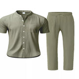 Men's Full Size Casual Button Up Short Sleeve Shirt and Pants Set Plus Size - Navy