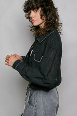 POL Cropped Button-Front Eyelet Cotton Jacket - BLACK