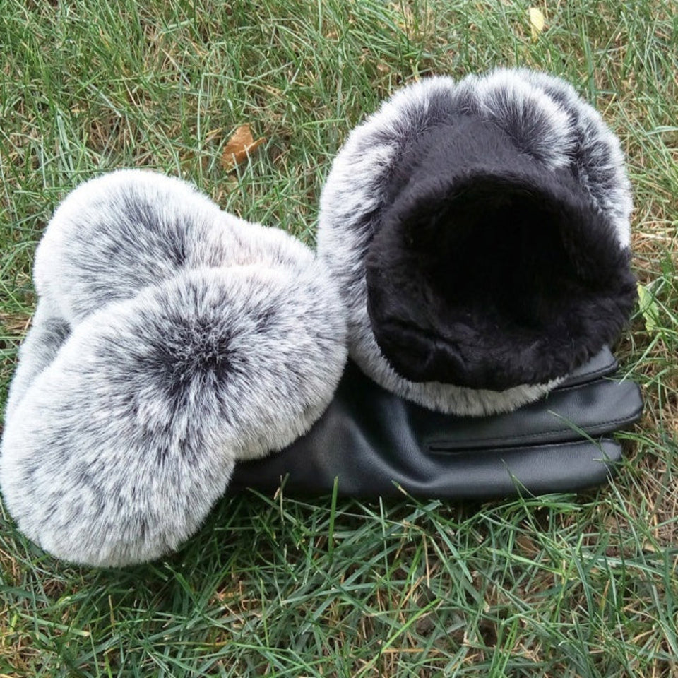 Women's touchscreen leather winter gloves with soft faux fur cuffs for stylish cold-weather protection.