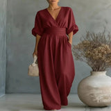 Full Size Half Sleeve Wide Leg Jumpsuit Plus Size - Light Blue