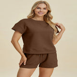 Double Take Full Size Texture Short Sleeve Top and Shorts Set - Khaki