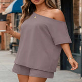 Full Size One Shoulder Top and Shorts Set Plus Size - Black