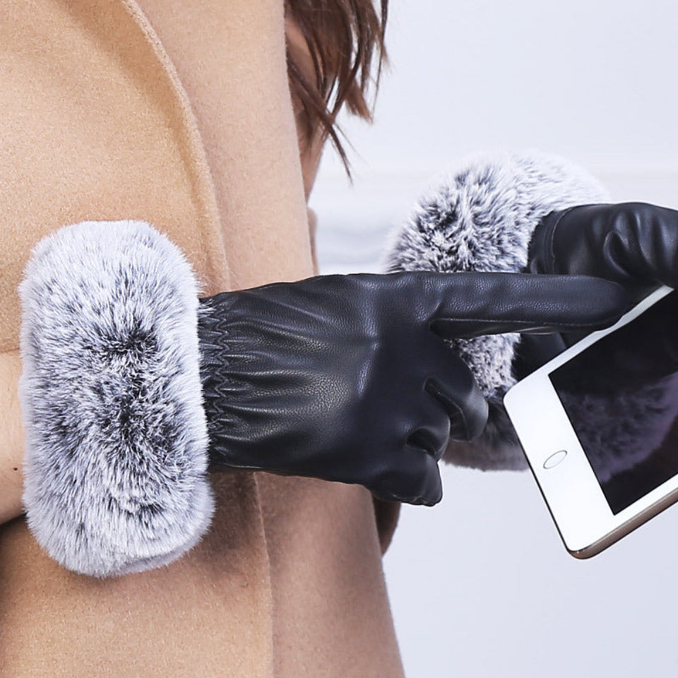 Women's touchscreen leather winter gloves with soft faux fur cuffs for stylish cold-weather protection.