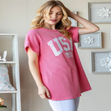 Heimish Full-Size USA Graphic Short Sleeve Ribbed Top - Coral