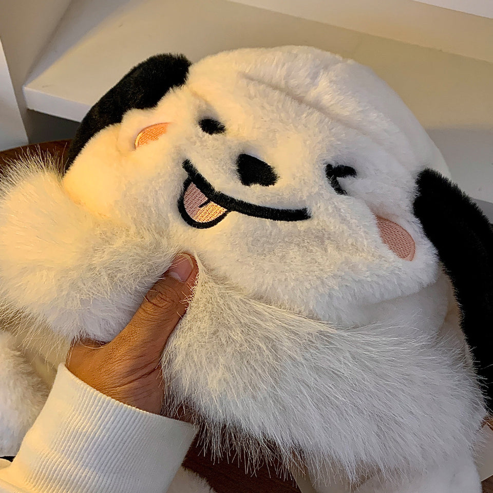 Cute puppy plush winter hood hat with attached scarf for women, soft fleece cold weather hood with adorable dog design.