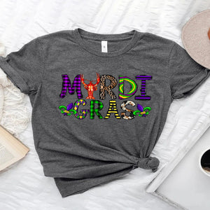 Women's MARDI GRAS graphic round neck short sleeve T-shirt.