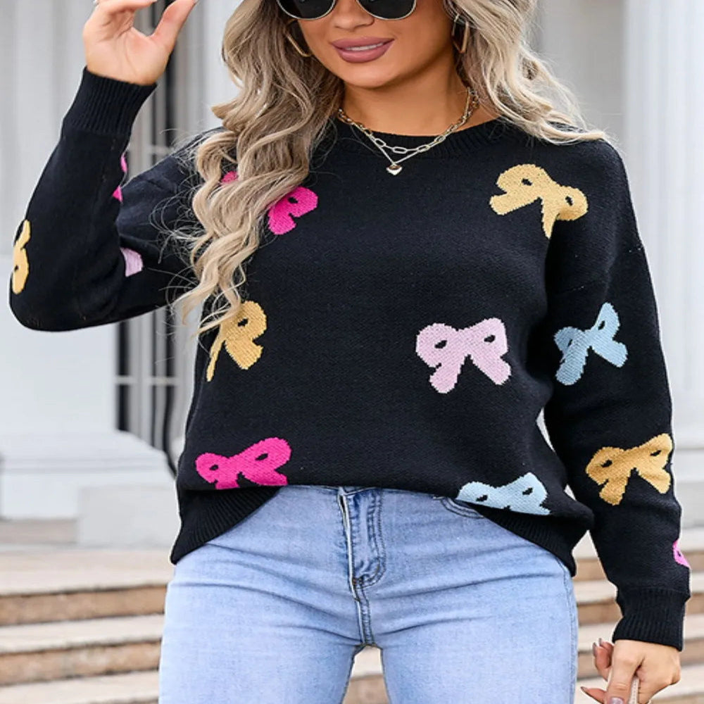 Angel Wings Bow Graphic Round Neck Long Sleeve Sweater - Apricot