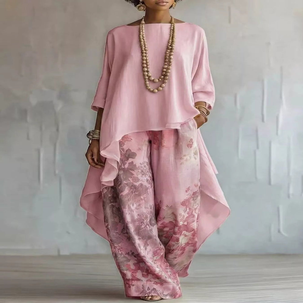 Asymmetrical Hem Top and Floral Pants Set - White