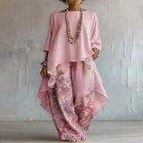 Asymmetrical Hem Top and Floral Pants Set - White