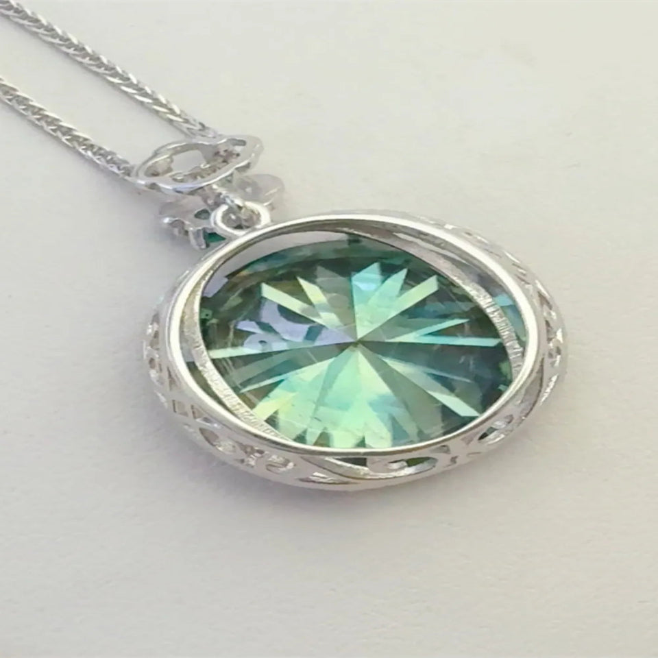 20 carat moissanite pendant necklace crafted in 925 sterling silver with a brilliant sparkling gemstone.