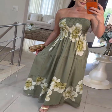 Floral Smocked Strapless Maxi Dress - Green