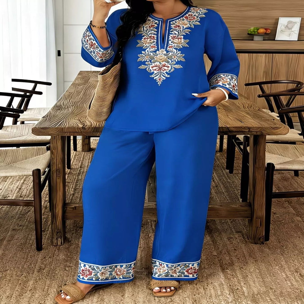 Full Size Embroidered Long Sleeve Top and Pants Set Plus Size - White