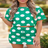 Polka Dot Print Cropped Tee Bodycon Skort 2pcs Set - Green